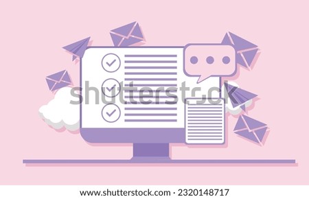Banner illustration of email marketing. Workplace at home, in the office. Laptop. Paper airplane. Completed application form for the site. Filling out documents. Monitor screen.