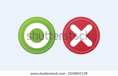 O and X round shape icons with shadow, green circle and red cross.on white background.Vector Design Illustration.