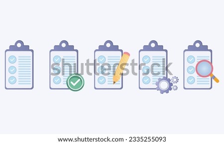 Clipboard icon. Checklist with gear, checkmarks, magnifier and pencil. Quality check line sign. Check List flat line icon. Form icon. on white background.Vector Design Illustration.
