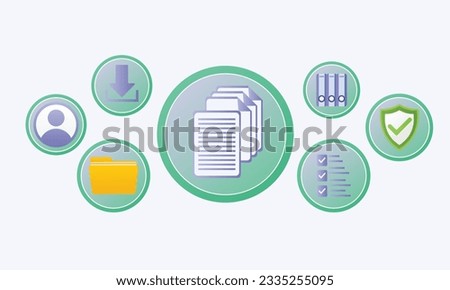 Document icon on virtual screen to document management, online documentation database and digital file storage system software, records keeping.on white background.Vector Design Illustration.