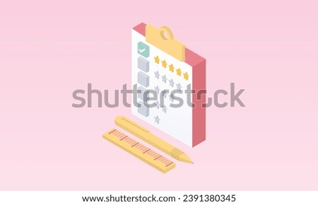 3d minimal clipboard rating five stars for best excellent rating.5 star for quality customer rating feedback. clipboard task todo check list, product review icon.on pastel pink background.