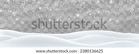 Snow flakes, snow and blizzard falling on snowdrifts. Snow landscape decoration, frozen hills isolated on png background. Vector heavy snowfall with snowbanks field. Christmas vector illustration