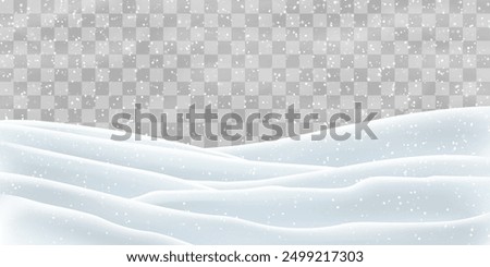 Snow flakes, snow and blizzard falling on snowdrifts. Snow landscape decoration, frozen hills isolated on png background. Vector heavy snowfall with snowbanks field. Christmas vector illustration