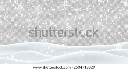 Vector heavy snowfall with snowbanks field. Christmas vector illustration. Snow flakes, snow and blizzard falling on snowdrifts. Snow landscape decoration, frozen hills isolated on png background