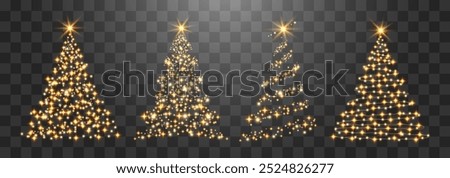 Set of shiny Christmas tree. Glittering lights in the form of a Christmas tree with bright shining and glowing particles. Golden glowing spruce in a luxurious design. Vector on png background.