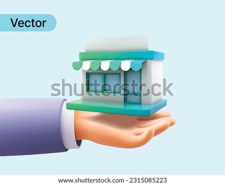 3D Hand holding Store building. Shop rental or sale. Online shopping concept. Business and commerce. Realtor for buyers. Creative minimal design isolated on blue and white background. 3D vector