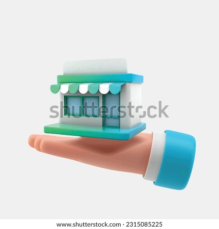 3D Hand holding Store building. Shop rental or sale. Online shopping concept. Business and commerce. Realtor for buyers. Creative minimal design isolated on blue and white background. 3D vector
