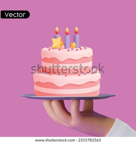 Cartoon hand holding metal tray with Cake isolated over Purple background. 3d vector illustration

