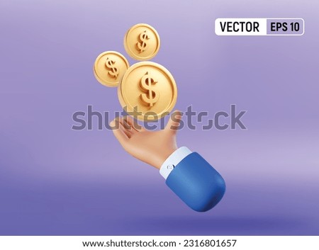 3d Icon hand with Gold coins US Dollar currency money Icons flying. Realistic vector render emoji. Money concept, design element isolated on Blue background