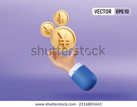 3d Icon hand with Gold coins yen japan currency money Icons flying. Realistic vector render emoji. Money concept, design element isolated on Blue background