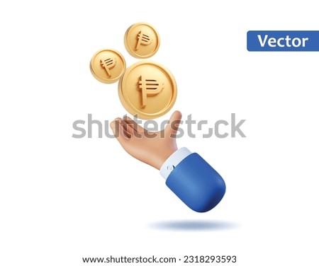 3d Icon hand with Gold coins Philippines Peso PHP currency money Icons flying. Realistic vector render emoji. Money concept, design element isolated on Blue background
