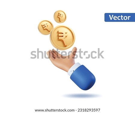 3d Icon hand with Gold coins India Rupee INR currency money Icons flying. Realistic vector render emoji. Money concept, design element isolated on Blue background