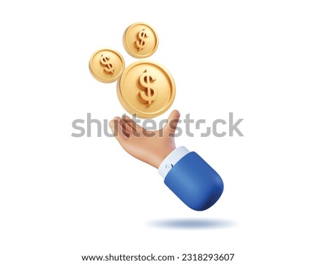 3d Icon hand with Gold coins dollar us currency money Icons flying. Realistic vector render emoji. Money concept, design element isolated on Blue background