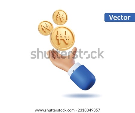 3d Icon hand with Gold coins naira nigeria currency money Icons flying. Realistic vector render emoji. Money concept, design element isolated on Blue background