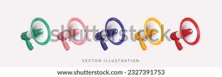 Set of 3d realistic megaphones isolated on white background. different colors megaphone red, yellow, blue, pink and green. Vector illustration

