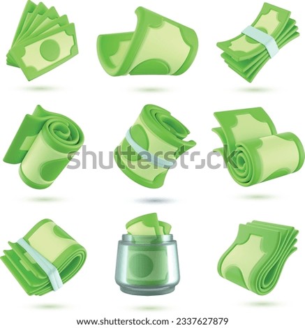 Set of paper money. Collection of dollar bills. Realistic 3d style design. Business elements. Vector illustration
