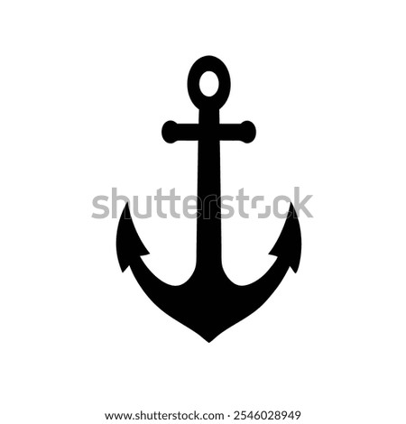 A clean and bold black silhouette vector of a classic anchor design. The illustration features the iconic curved arms, flukes, and a circular eyelet at the top for attaching rope. With its simple yet 