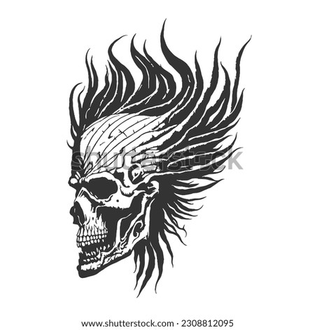 The flaming skull face emblem serves as a captivating symbol for motorcycle club logos, tattoo designs, and apparel screen prints