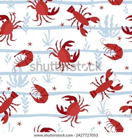 Cartoon lobsters, shrimps, crab, with algae and starfish. Marine seamless pattern