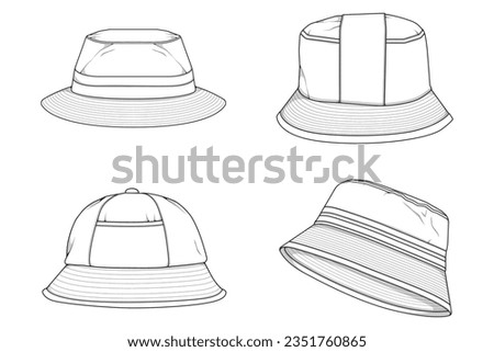 set of bucket hat outline drawing vector, bucket hat in a sketch style,  template outline for training, vector Illustration.
