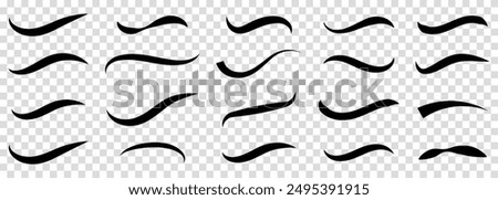 Set of hand drawn black calligraphy swoosh. Curly swish tails and sporty plume swirl logo vector elements
