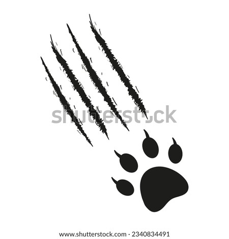 Cat s paw print with traces of scratches and claws. Feline footprint silhouette. Claws scratch scratch. Black and white vector isolated on white background. Design for animal print, banners, posters