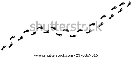 Human footprint. Path of human bare feet. Road of steps. Person walks barefoot. Silhouette. Vector isolated on white. Diagonal path. Drunk staggering man. For print, textile, postcard, design, games