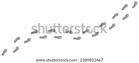 Human footprint. Trail of footprints from boots or sneakers. Imprints of shoe soles. Walking person. Path of human feet. Footsteps trekking. Step by step. Silhouette. Vector isolated on white