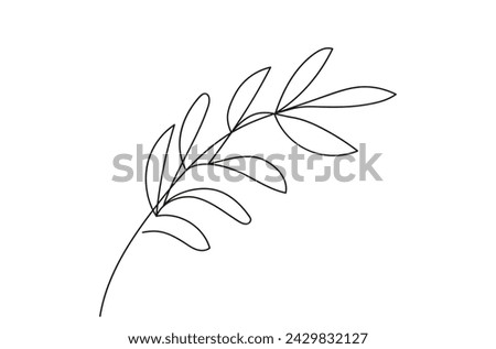 Continuous one line drawing of branch with leaves. Line art. Olive branch. Plant. Concept of peace, organic element. White backdrop. Design element for print, postcard, scrapbooking, coloring book.  