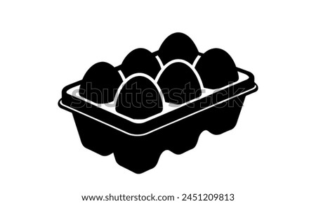 Silhouette of egg carton with eggs. Black and white egg box graphic illustration. Icon, sign, pictogram. Concept of food storage, kitchen essentials, grocery items. Isolated on white background