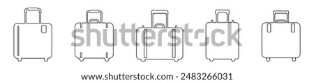 Set of black outlines of rolling suitcases, isolated on a white background. Wheeled luggage bags. Concept of travel, tourism, vacation, business trips, and luggage portability. Print, design elements