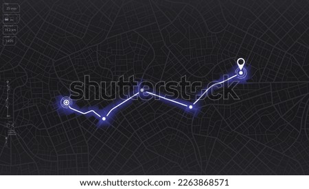 GPS map. City street road. Abstract transportation. City top view. Hi-tech vector background. route distance data, path turns and destination tag or mark