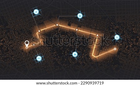 Location tracks dashboard. City street road. City streets and blocks, route distance data, path turns and destination tag or mark. Huge city top view.