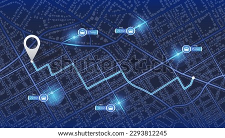 Pick up taxi. Gps map navigation to own house. Detailed view of city. Passenger location sharing for driver. City top view. Online navigation. Flat style, Vector, illustration isolated.