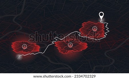 City Navigation and GPS map: Vector Illustrations of Urban Districts, Roads, and Landmarks. Top-Down View . Closed area, district, road. Detailed view of city from above. City top view. Red Sign.