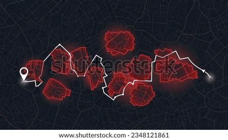 Closed area, district, road. Detailed view of city from above. City Navigation and GPS map: Vector Illustrations of Urban Districts, Roads, and Landmarks. Top-Down View. City top view. Red Sign.