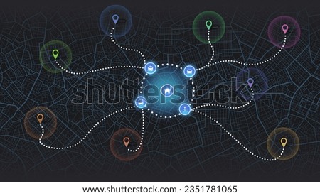 Multiple destinations. GPS map. City street road. Abstract transportation. City top view. Hi-tech vector background. route distance data, path turns and destination tag or mark illustration. Abstract