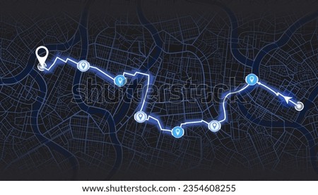 Map city with gps pins street, road. Multiple destinations with location system. Vector, Black background Urban map with information pointers, signs, arrows. Vector illustration