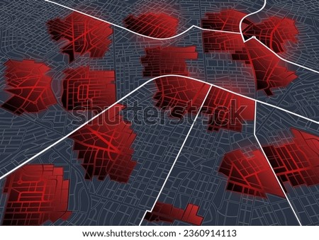 Closed area, district, road. Map of the route with data on the distance and turns of the route. Blocked areas and roads. Abstract map with blocked streets, fenced off sections of the path. Vector