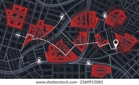 Map of the route with data on the distance, turns of the route. Blocked areas, roads. Abstract map with blocked streets, fenced off sections of the path. Huge view of the city from above. Vector