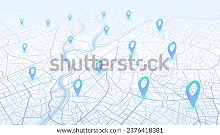 Urban map for travel. Multiple destinations with location system. Abstract map city. Direction markers for navigation to town. Location system. Route distance data, path turns. destination tag, Vector