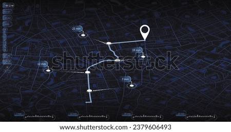 Dashboard with satellite, location and roadmap. Interface for navigation. Big data in modern city. Abstract city. Futuristic gps map navigator system, direction path, location tracks dashboard. Vector
