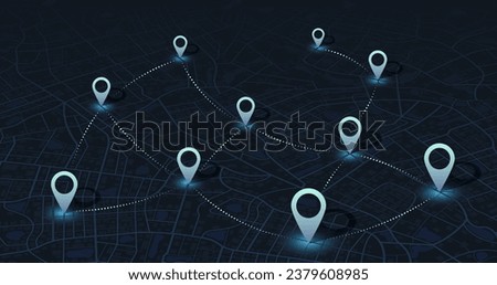 Multiple destinations. Gps tracking map. Track navigation pins on street maps, navigate mapping technology and locate position pin. Futuristic travel gps map or location navigator vector illustration