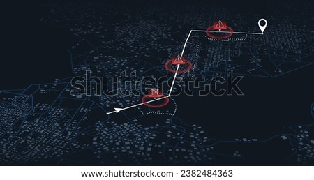 Abstract map with blocked streets, fenced off sections of the path. Huge view of the city from above. Vector. Map of the route with data on the distance, turns of the route. Blocked areas, roads.