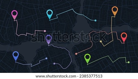 Track navigation pins on street maps, navigate mapping technology and locate position pin. Futuristic travel gps map or location navigator vector illustration. Multiple destinations. Gps tracking map.