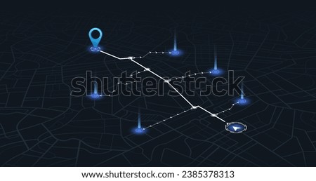 Dashboard with satellite, location and roadmap for navigation. Big data in modern city. Abstract city. Futuristic gps map navigator system, direction path, location tracks dashboard. Vector