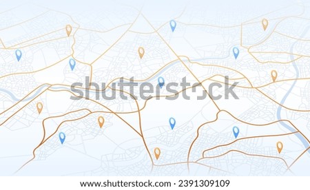 Multiple destinations from home. Gps tracking map. Track navigation pins on street maps, navigate mapping technology and locate position pin. Futuristic travel gps map or location navigator vector