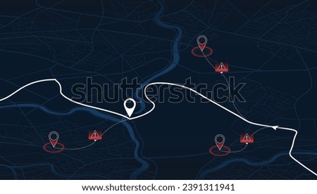 Map of the route with data on the distance, turns of the route. Blocked areas, roads. Abstract map with blocked streets, fenced off sections of the path. Huge view of the city from above. Vector