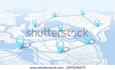 Track navigation pins on street maps, navigate mapping technology and locate position pin. Futuristic travel gps map or location navigator vector illustration. Multiple destinations. Gps tracking map.