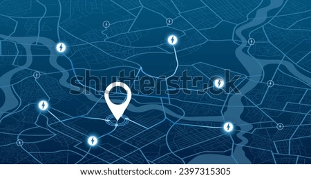 Location EV charging station location mark on gps navigation map a lot with fast supercharger station. Path turns and destination tag or mark. Huge city top view Tracking path, route. vector isometric